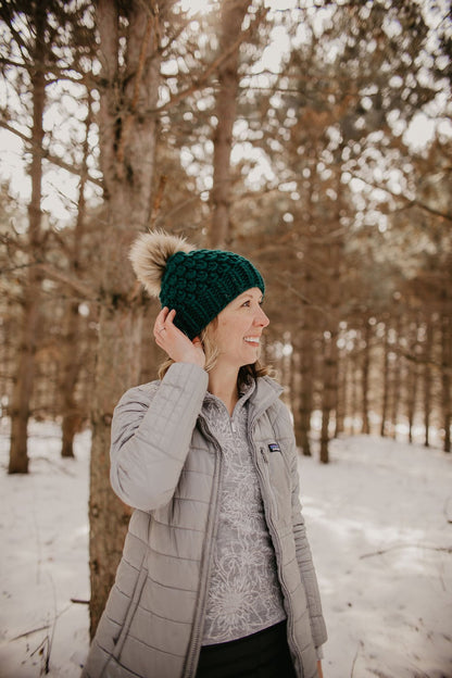 Forest Green Peruvian Wool Knit Hat with Faux Fur Pom Pom
