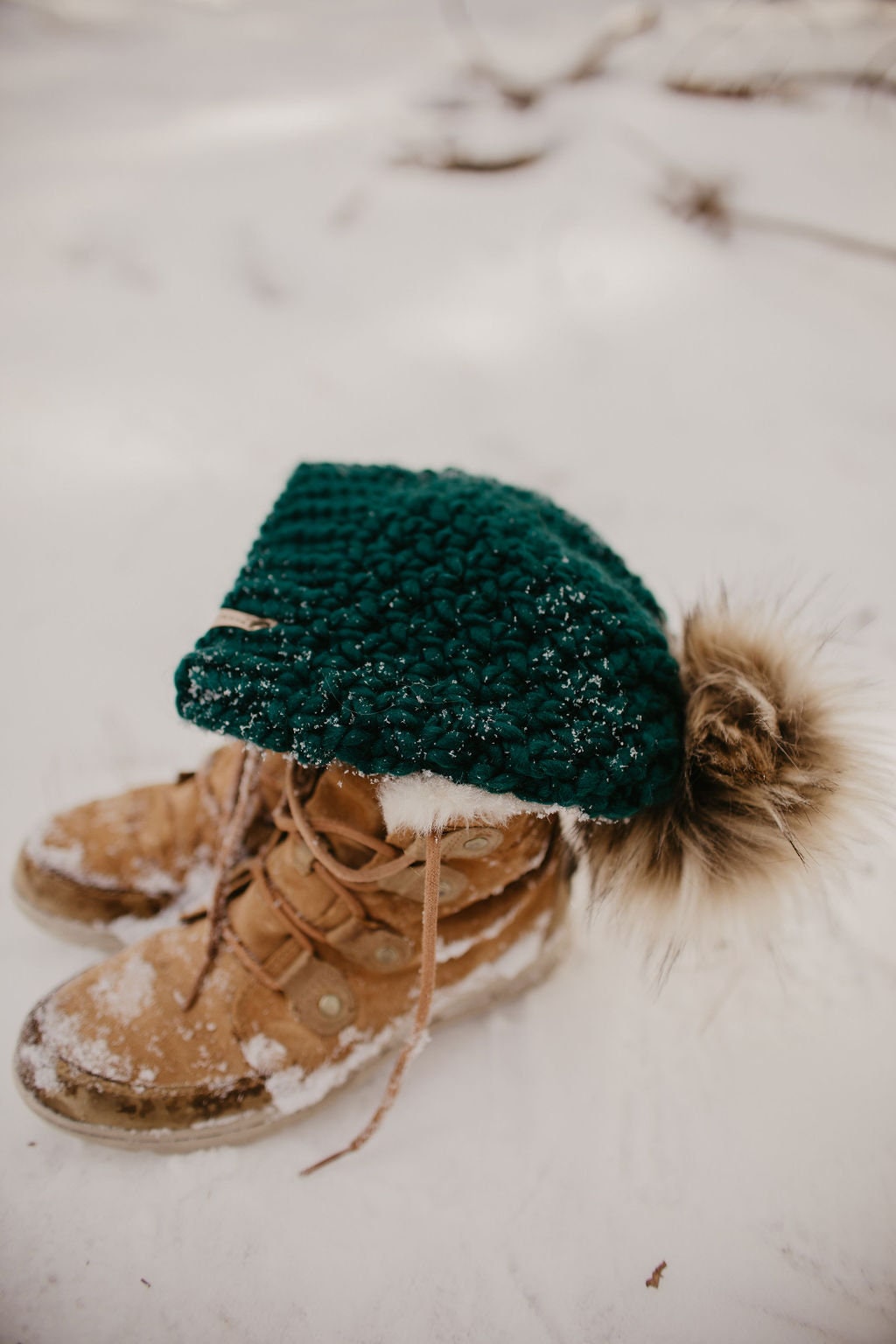 Forest Green Peruvian Wool Knit Hat with Faux Fur Pom Pom