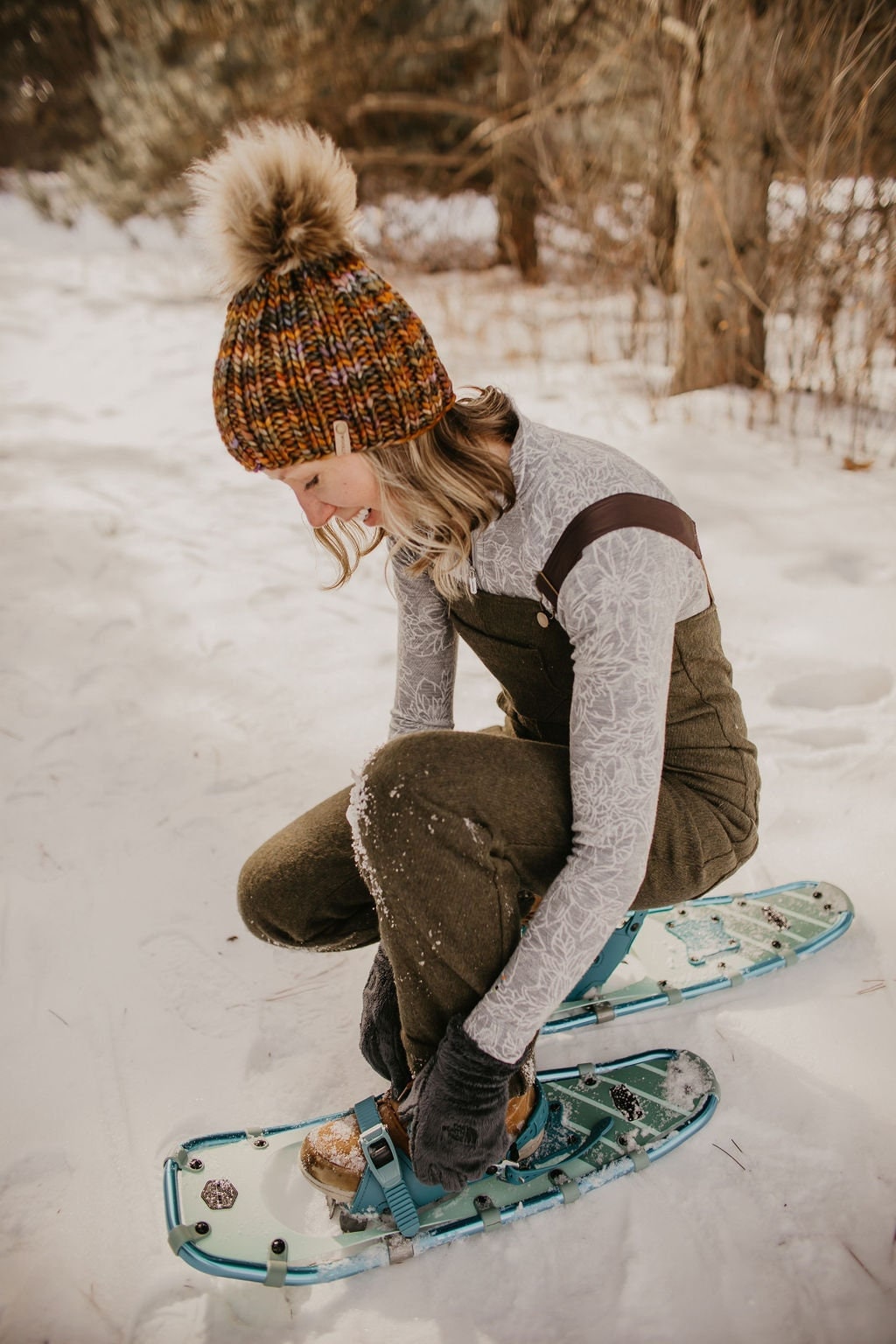 Brown Multi-Color Merino Wool Ribbed Knit Hat with Faux Fur Pom Pom