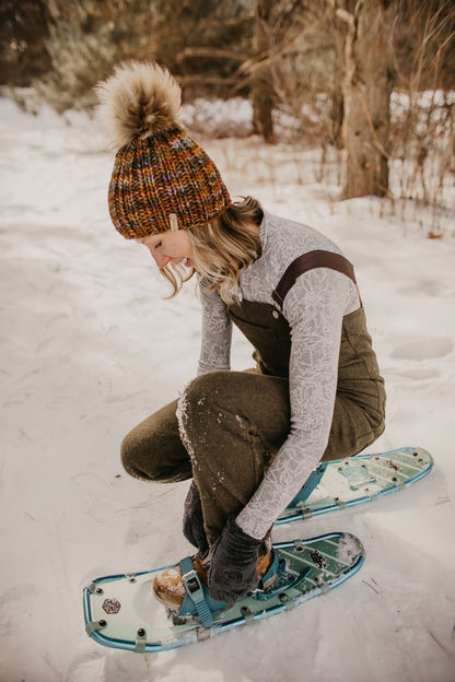 Brown Multi-Color Merino Wool Ribbed Knit Hat with Faux Fur Pom Pom