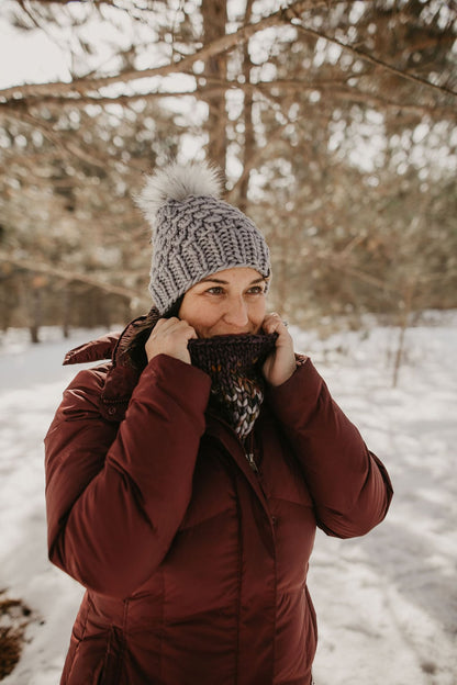 Gray Merino Wool Knit Hat with Faux Fur Pom Pom