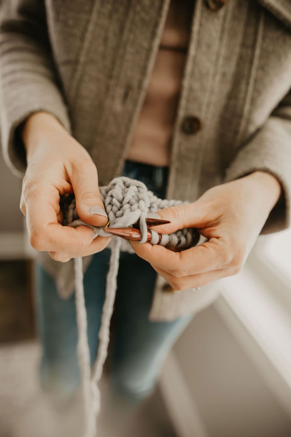 Gray Merino Wool Knit Hat with Faux Fur Pom Pom
