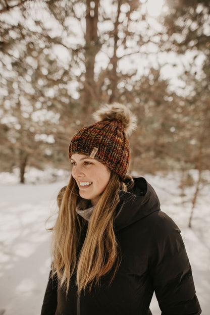 Brown Multi-Color Merino Wool Ribbed Knit Hat with Faux Fur Pom Pom