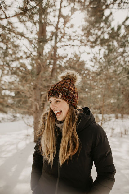 Brown Multi-Color Merino Wool Ribbed Knit Hat with Faux Fur Pom Pom