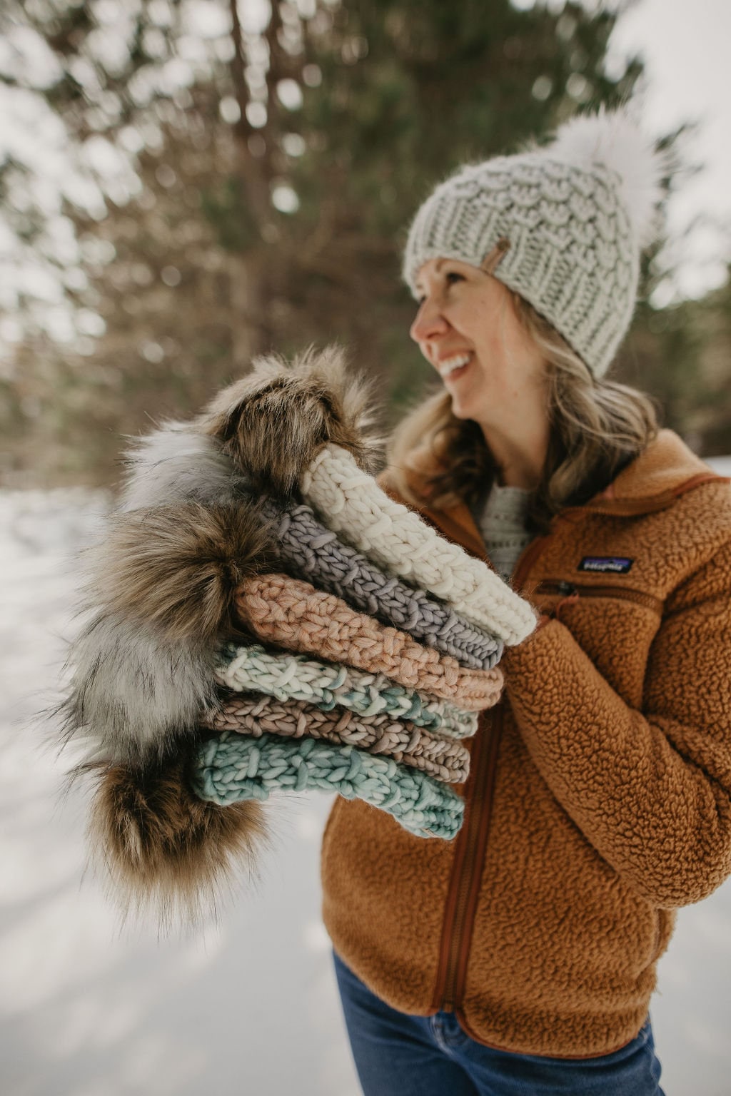 Gray Merino Wool Knit Hat with Faux Fur Pom Pom