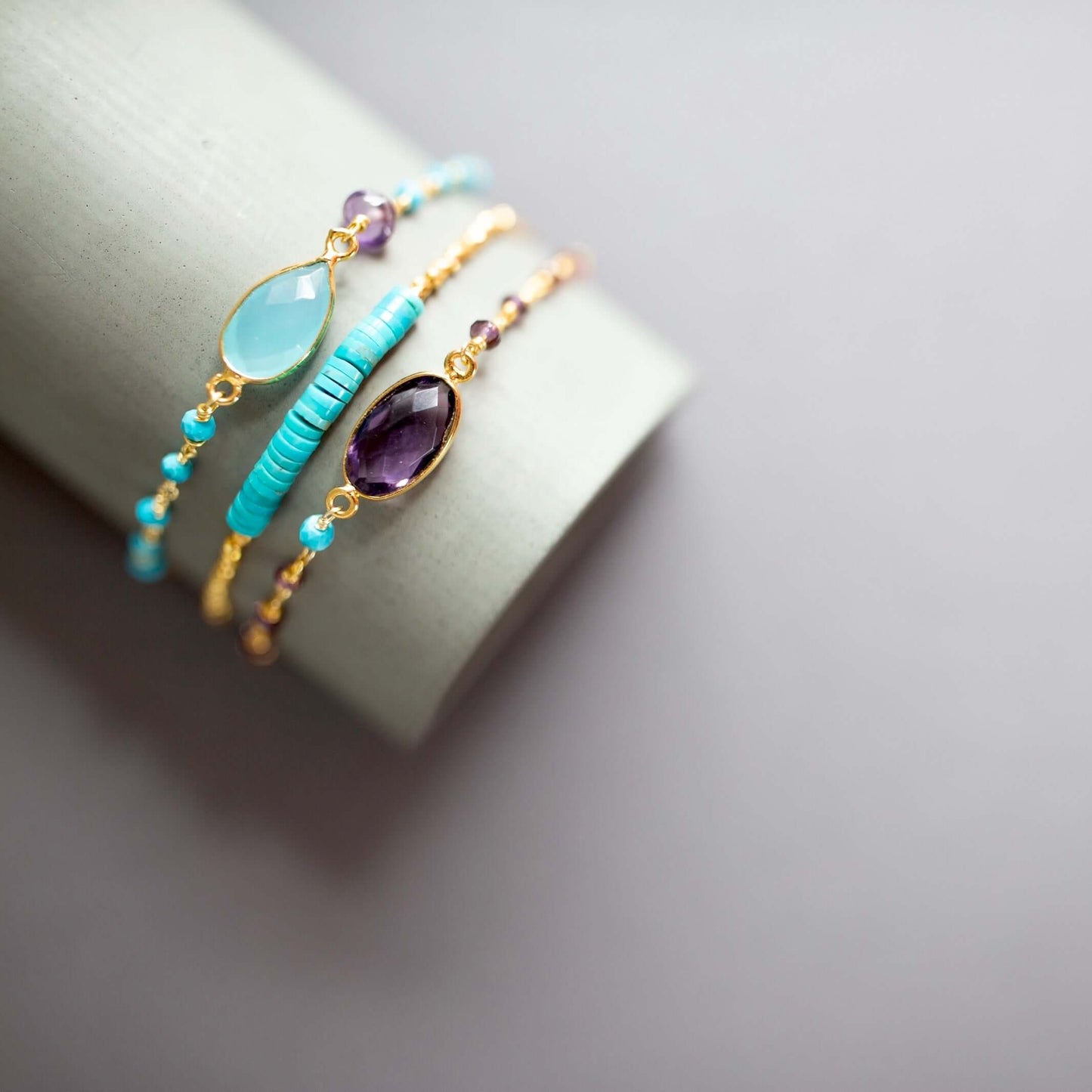 Aqua Blue Chalcedony Adjustable Gold Gemstone Bracelet