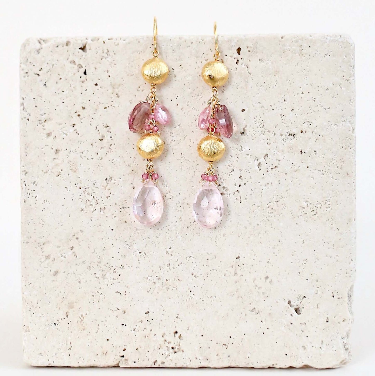 Pink Clear Quartz & Pink Tourmaline Gold Drop Earrings