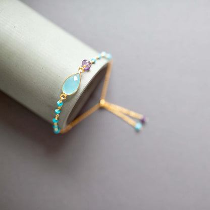 Aqua Blue Chalcedony Adjustable Gold Gemstone Bracelet