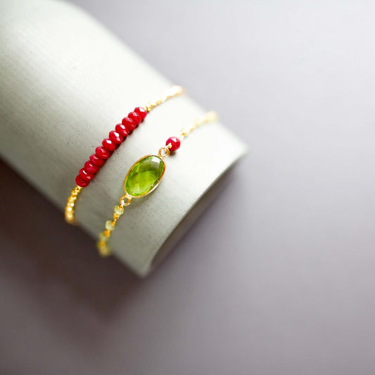 Bracelet Set: Peridot Quartz & Red Jade