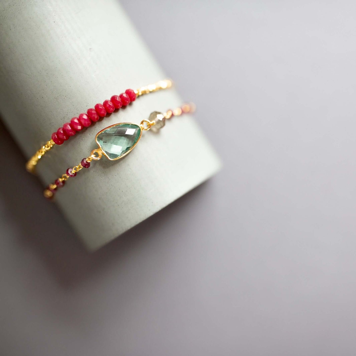 Bracelet Set: Green Amethyst and Red Jade