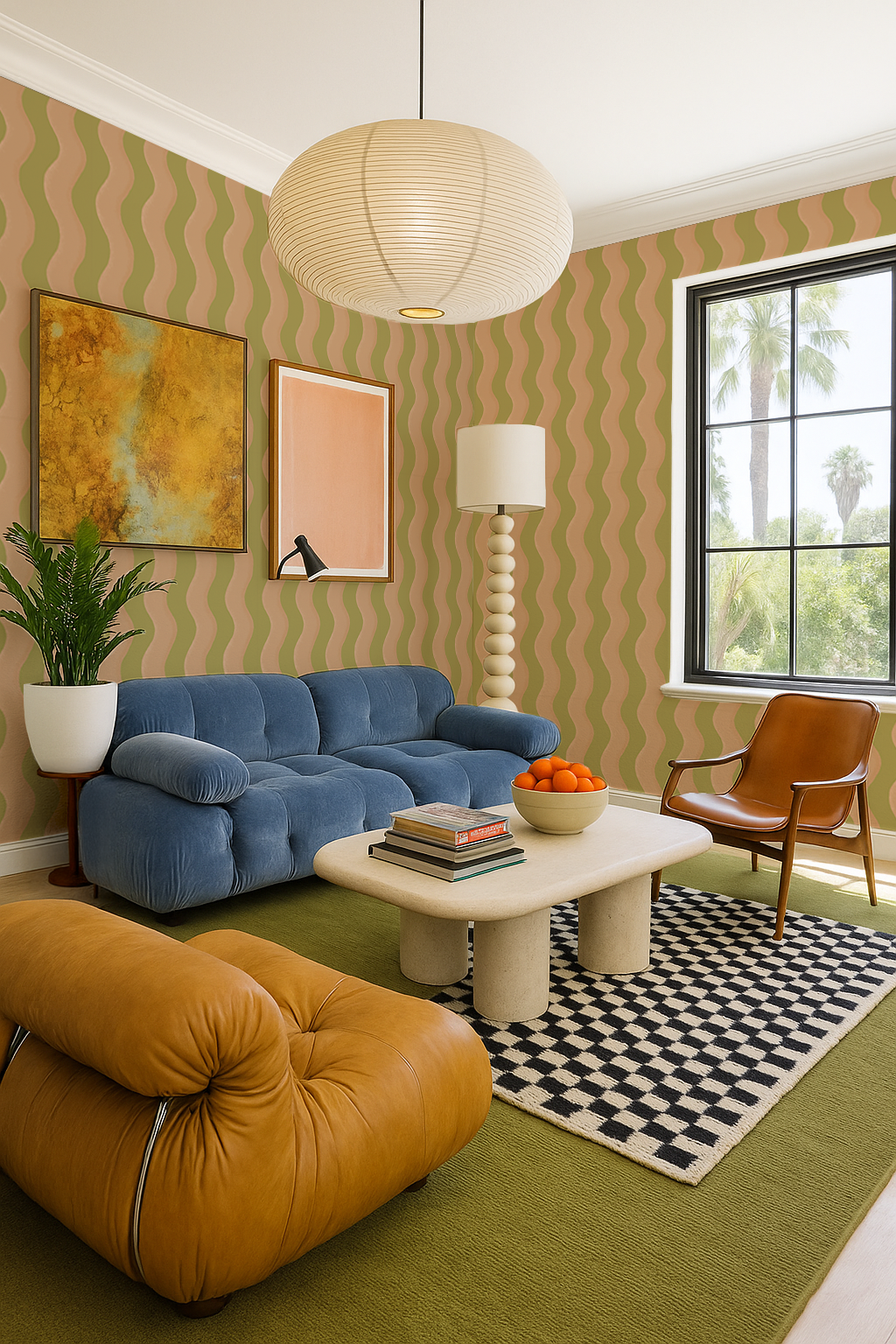 Ziggy Stripe Wallpaper, chartreuse and peach
