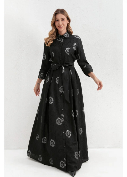 Onyx Silver Blossom Maxi Dress
