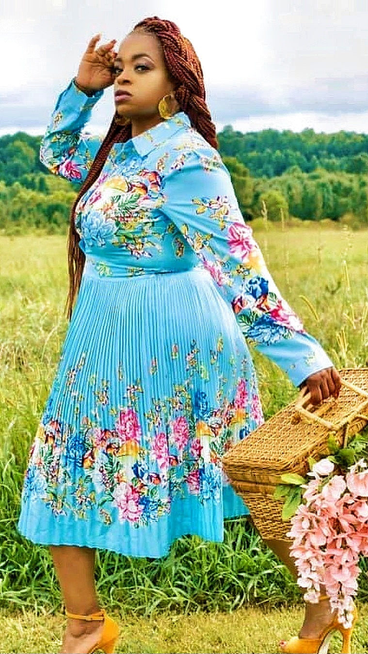 Pleated Print Long Sleeve Mid-Calf Lapel Standard-Waist Pullover Dress