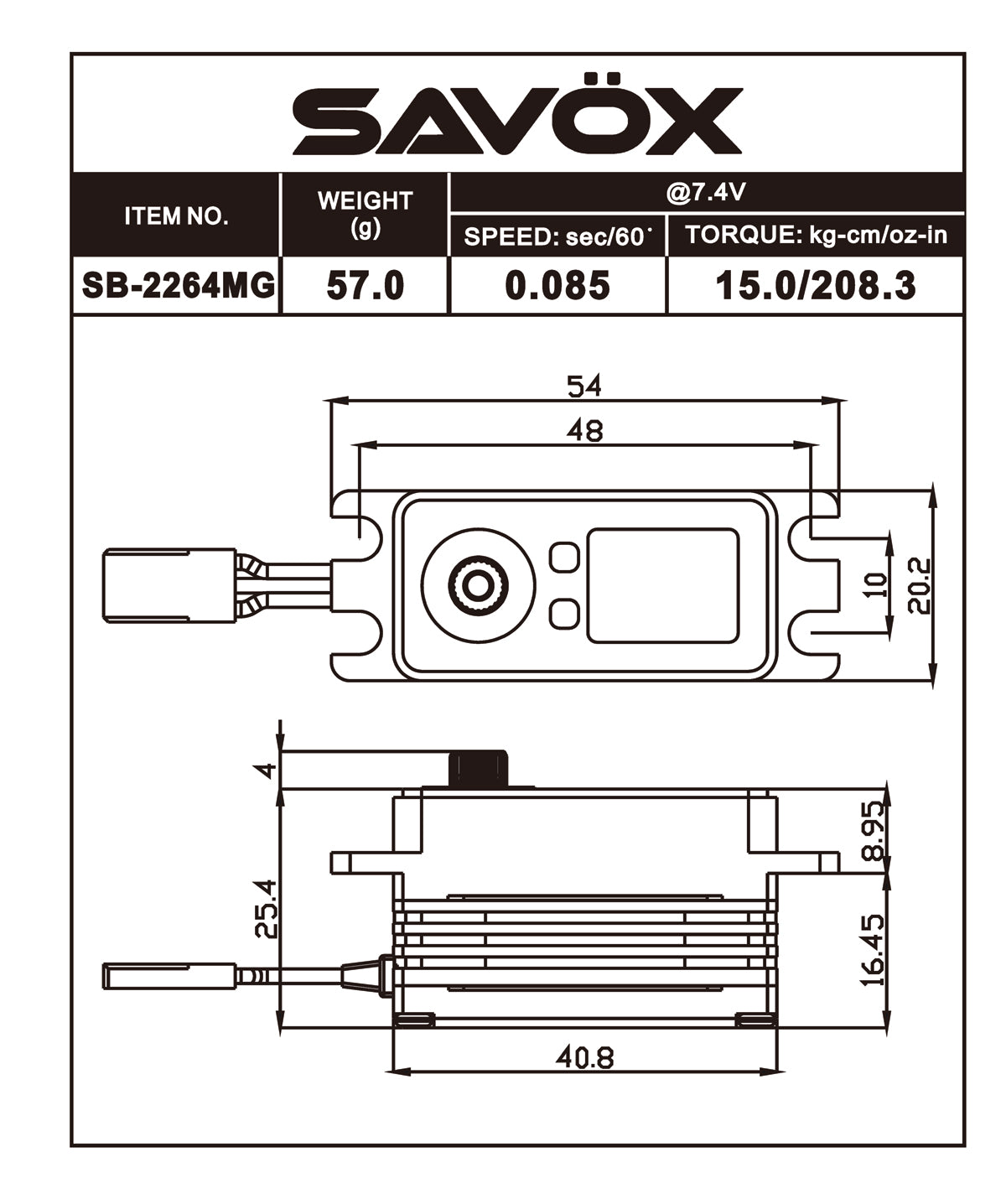 Savox 1/10 Low Profile High Voltage Brushless Servo 7.4v